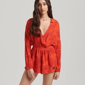 Superdry Women’s Vintage Beach Playsuit Romper Hawaiian Coral Tropical Sz 10 NWT